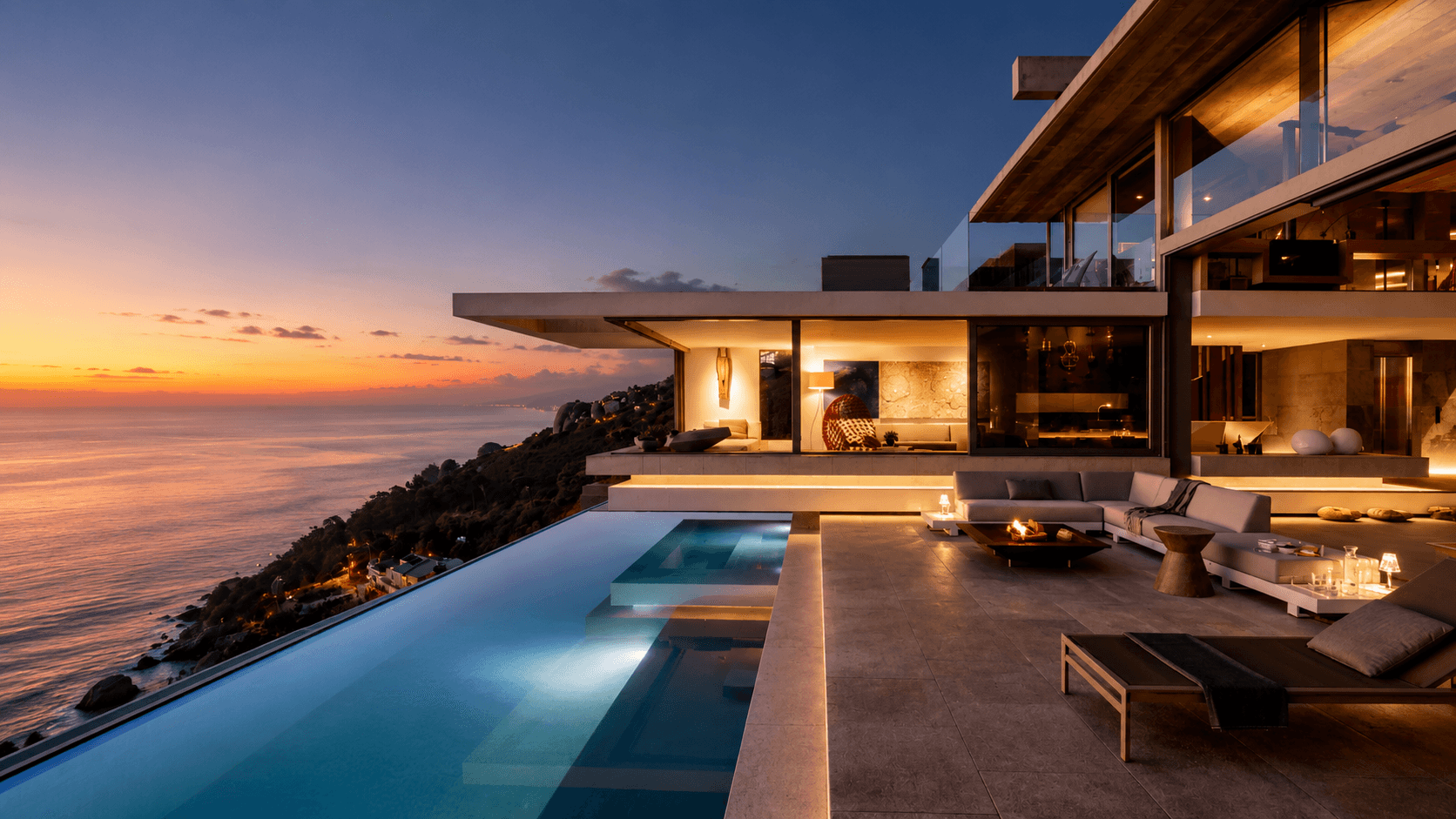 Luxury property at sunset, showcasing rental potential